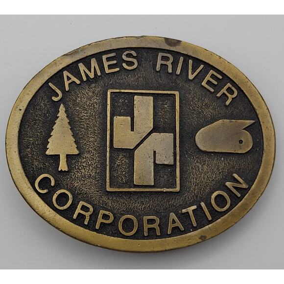 Vintage James River Tissue Papermakers Metal Employee Belt Buckle Hit Line USA - Picture 1 of 8